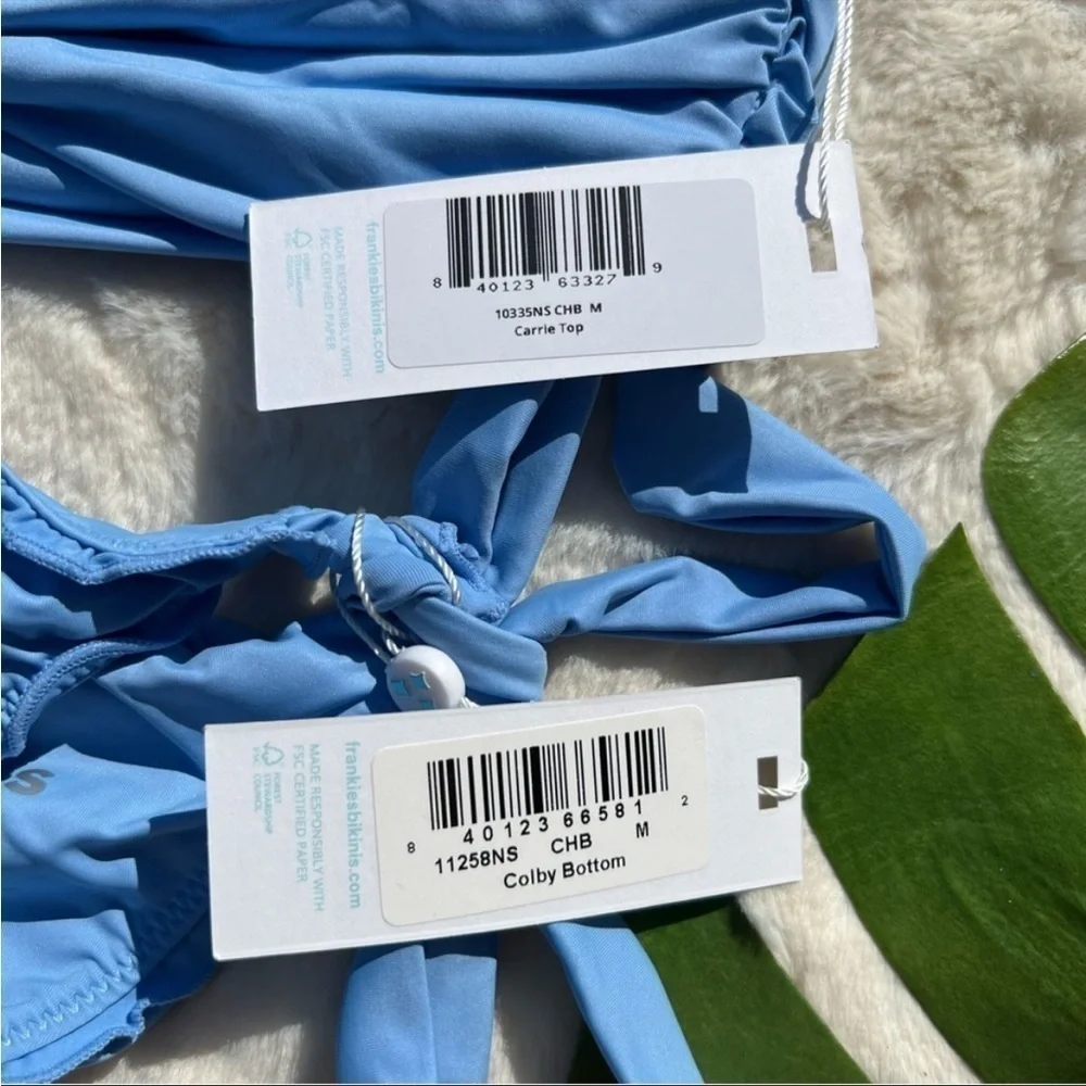 Frankie’s Bikinis Carrie Knot Top Colby Tie Side Bikini Set Chambray Blue NWT